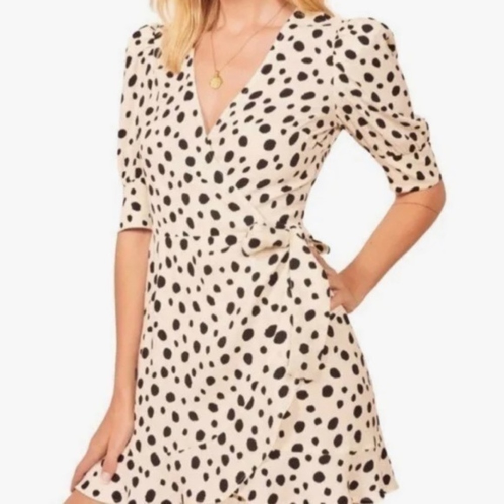 Reformation Deanna Dot Print Wrap Dress L Ivory Black V-Neck Ruffle Hem Tied